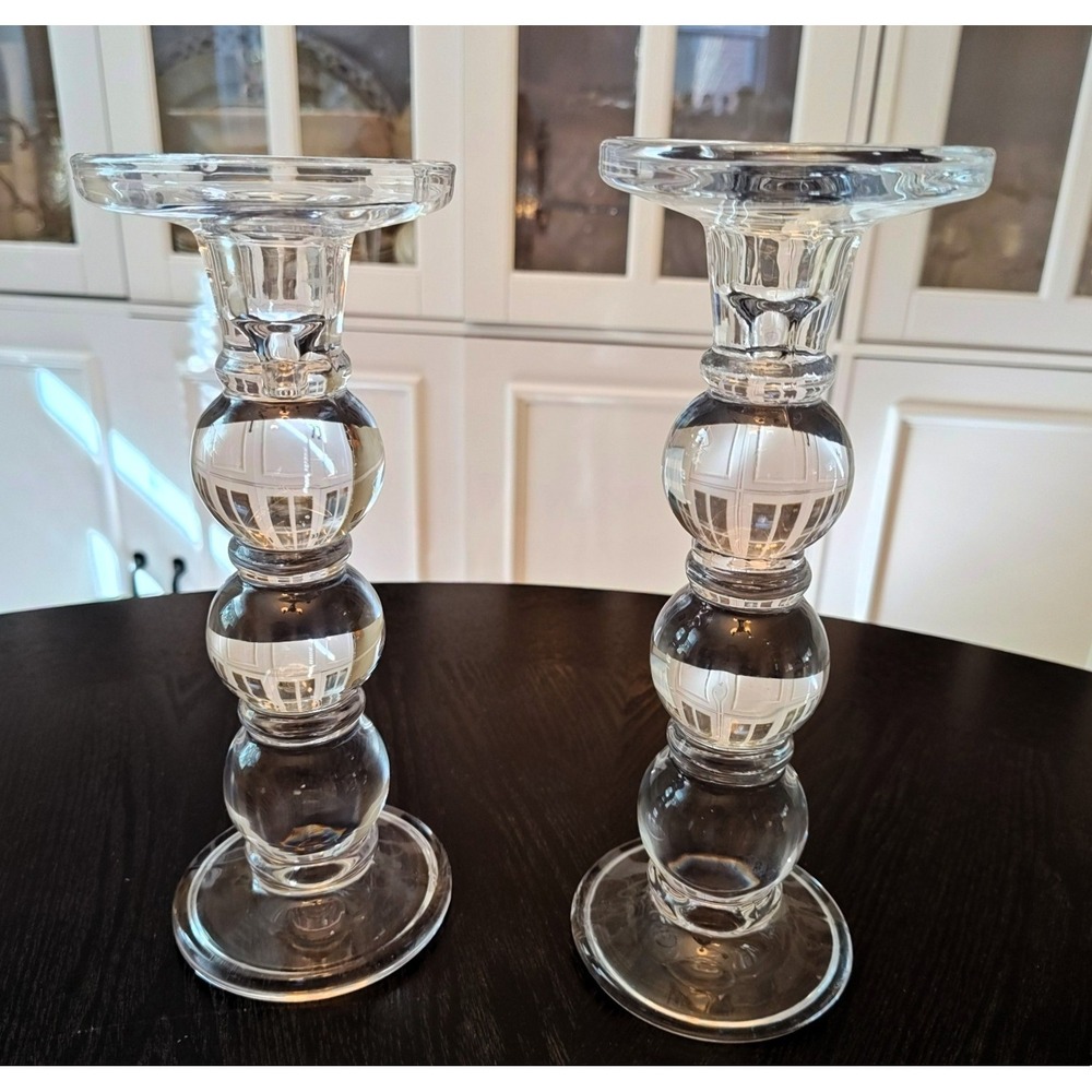 Pair of Stacked Triple Bubble Glass Stem Pillar Candlesticks, Large Clear 9.5"